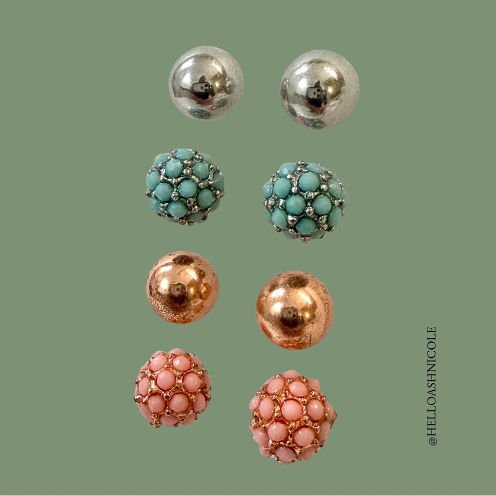 Set of 4 Stud Pink/Blue Silver/Gold Earrings
